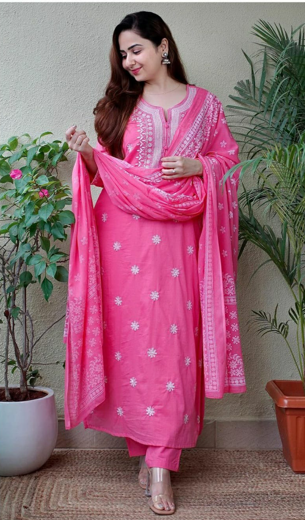 Pink Embroidered Suit Set With Dupatta