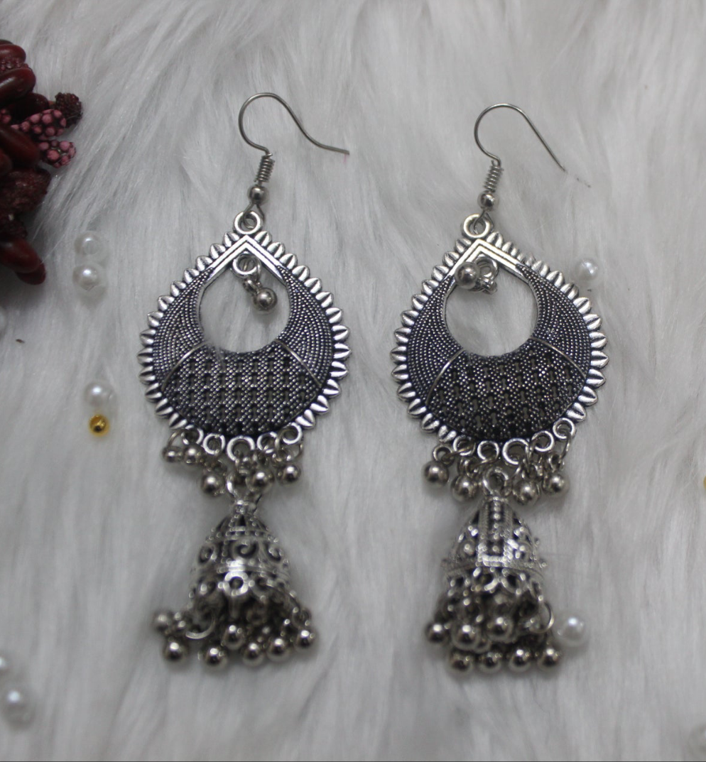 Silver Tassel Oxidized Jhumkas