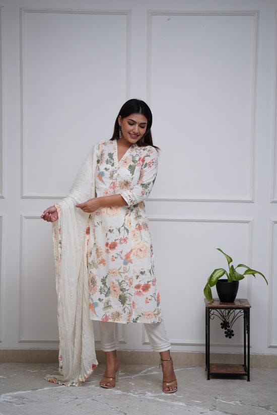 Floral Print Kurti Pant Set with Cotton Malmal Dupatta