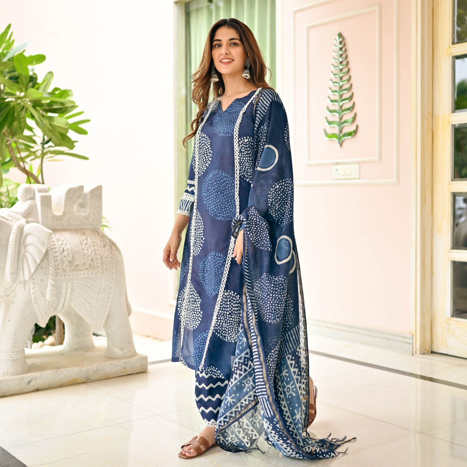 Indigo-Dyed Cotton Silk Ensemble with Chanderi Dupatta