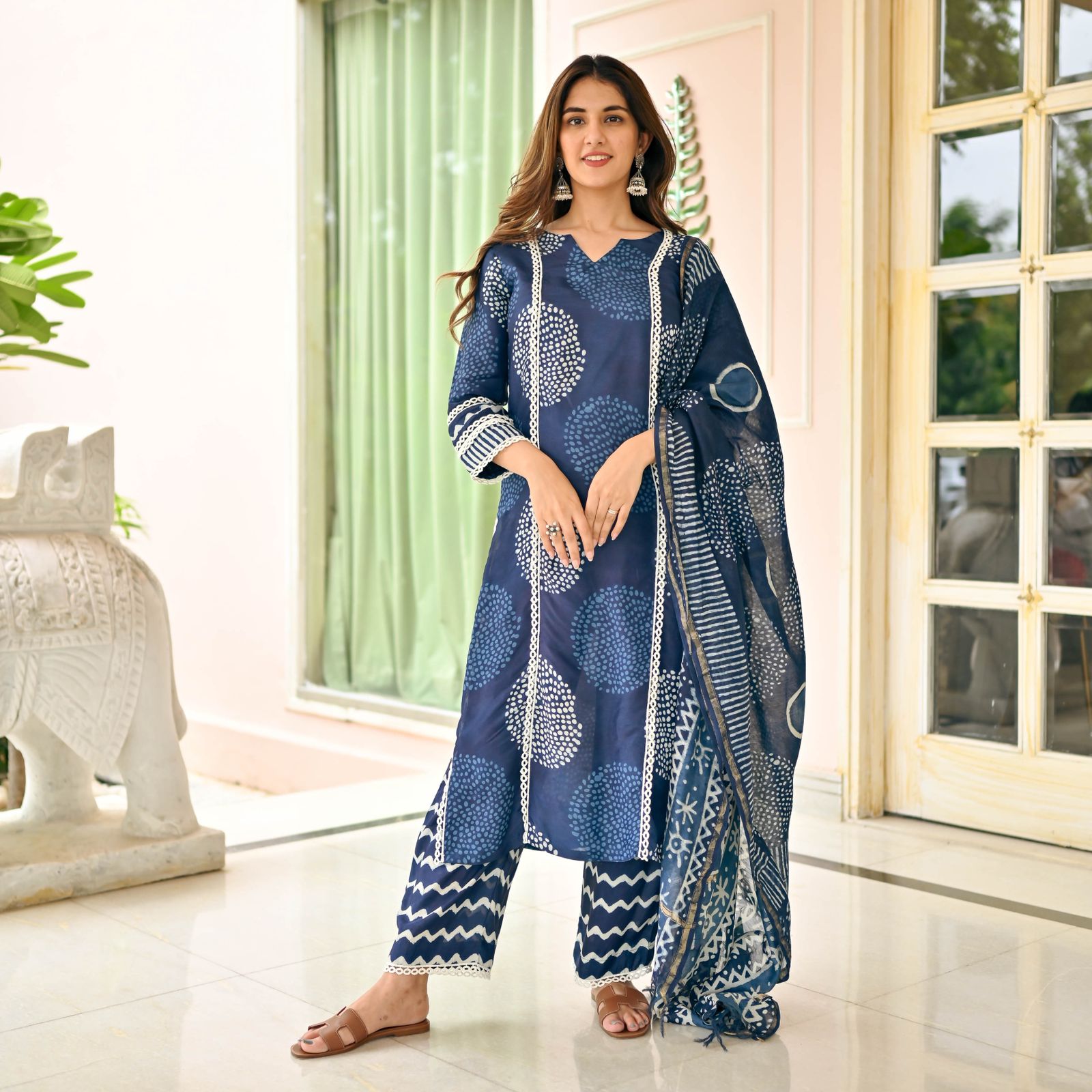 Indigo-Dyed Cotton Silk Ensemble with Chanderi Dupatta