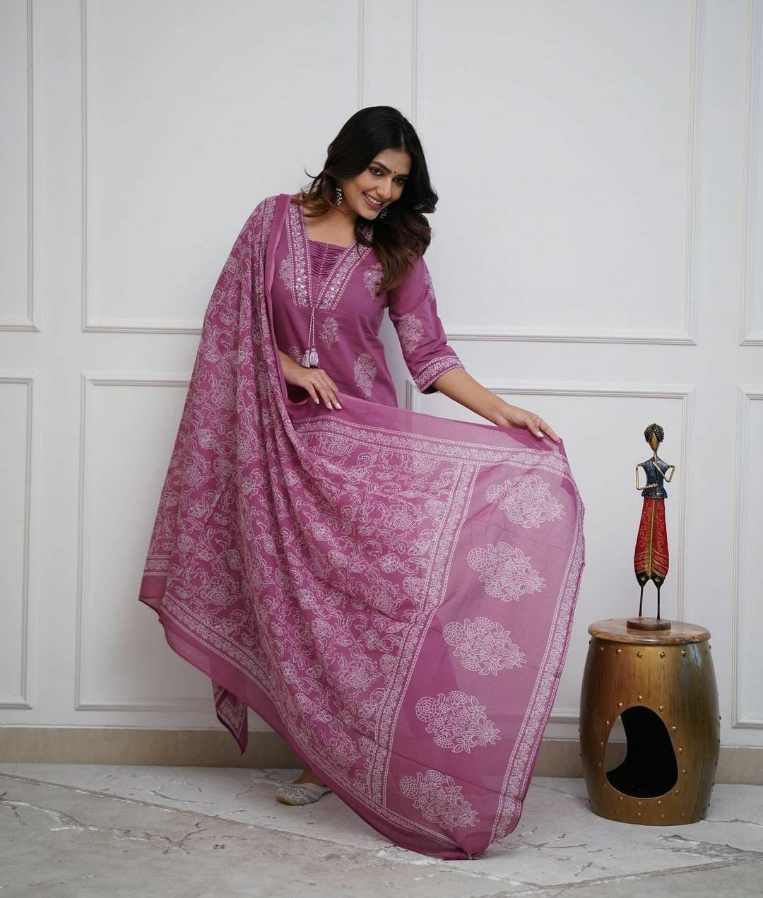 Purple Hand Work Straight Kurti Pant With Malmal Dupatta