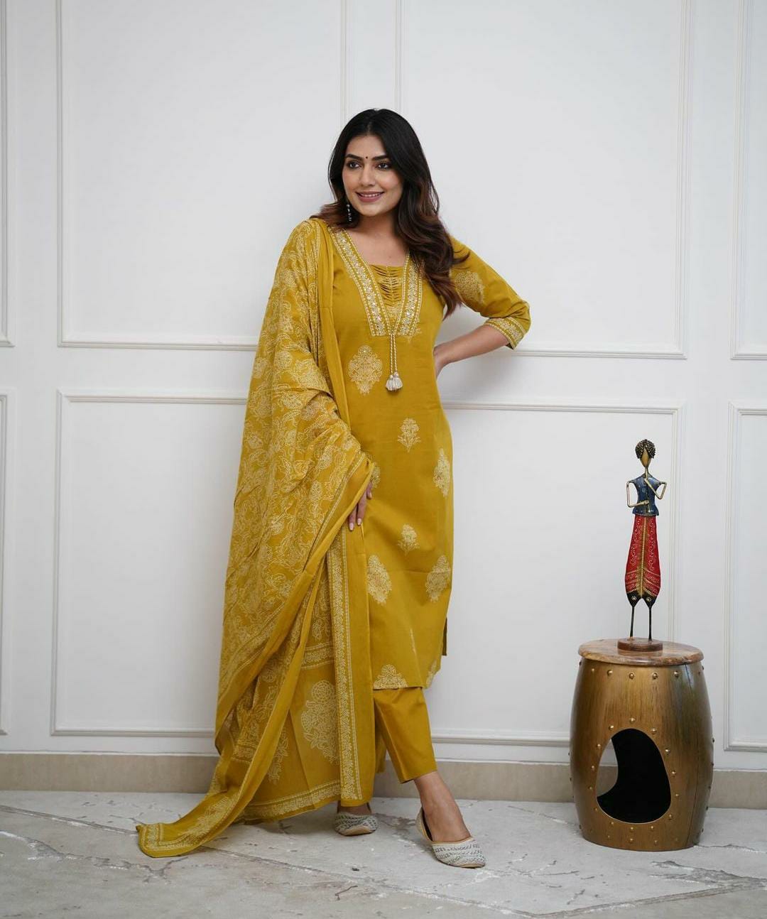 Mustard Hand Work Straight Kurti Pant With Malmal Dupatta