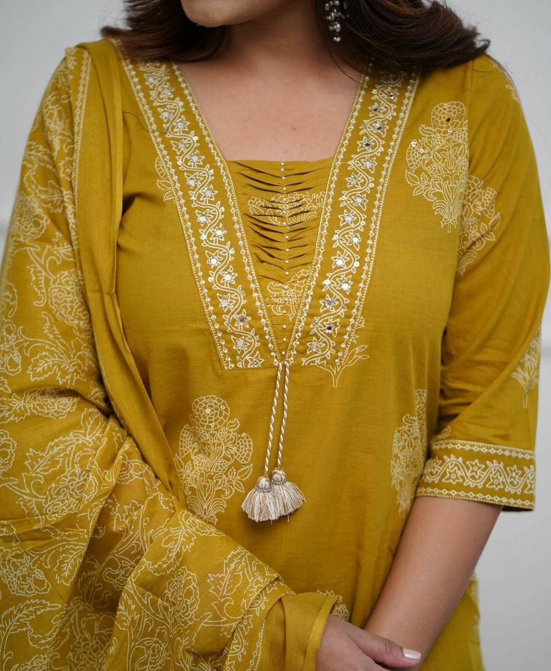 Mustard Hand Work Straight Kurti Pant With Malmal Dupatta