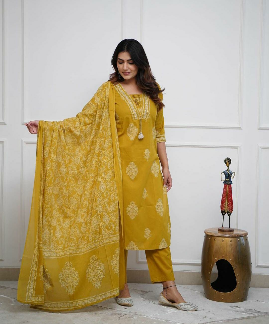 Mustard Hand Work Straight Kurti Pant With Malmal Dupatta