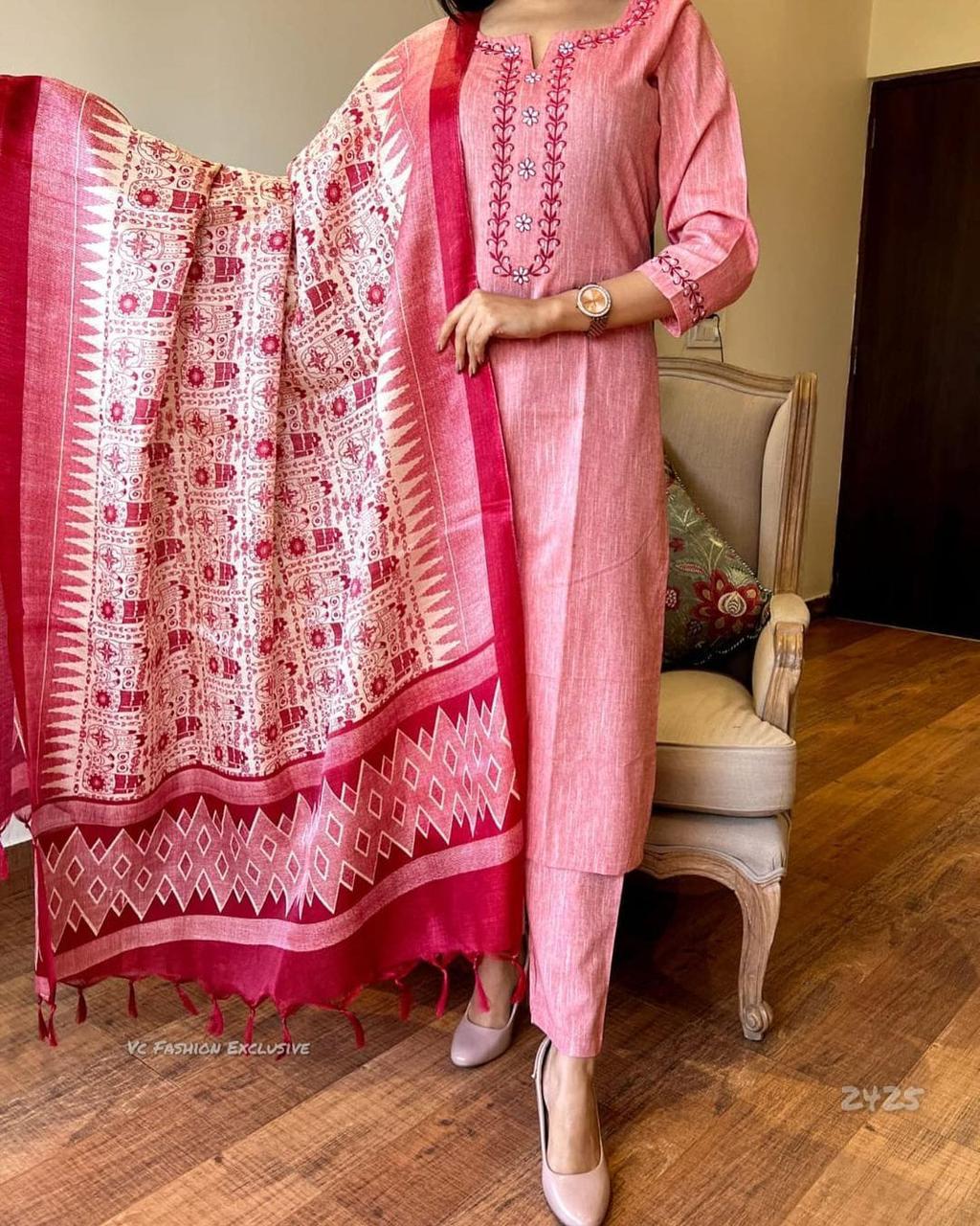 Pink Khadi Cotton Kurta Set And Khadi Silk Dupatta