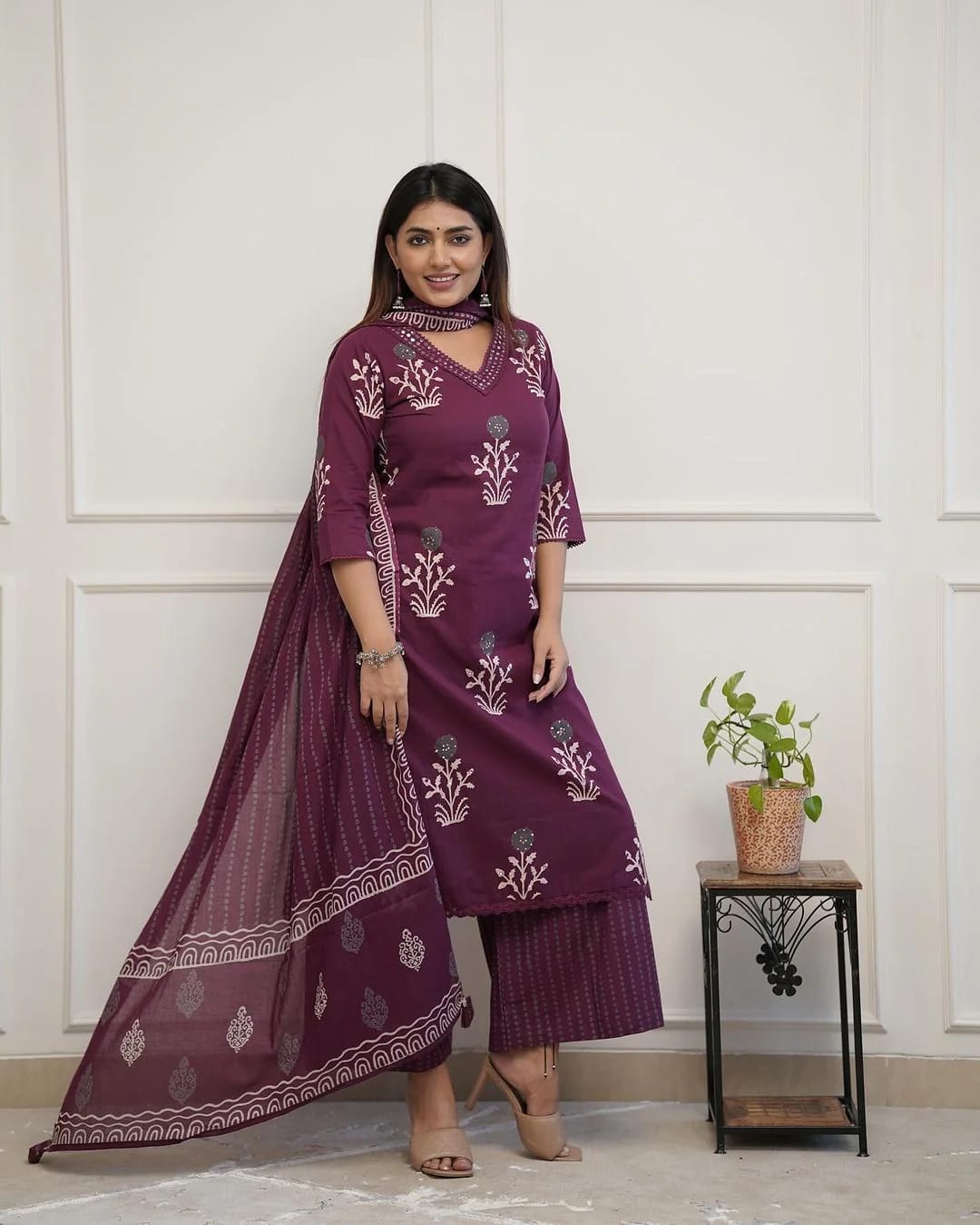 Wine Printed Straight Kurti and Palazzo Set with Dupatta