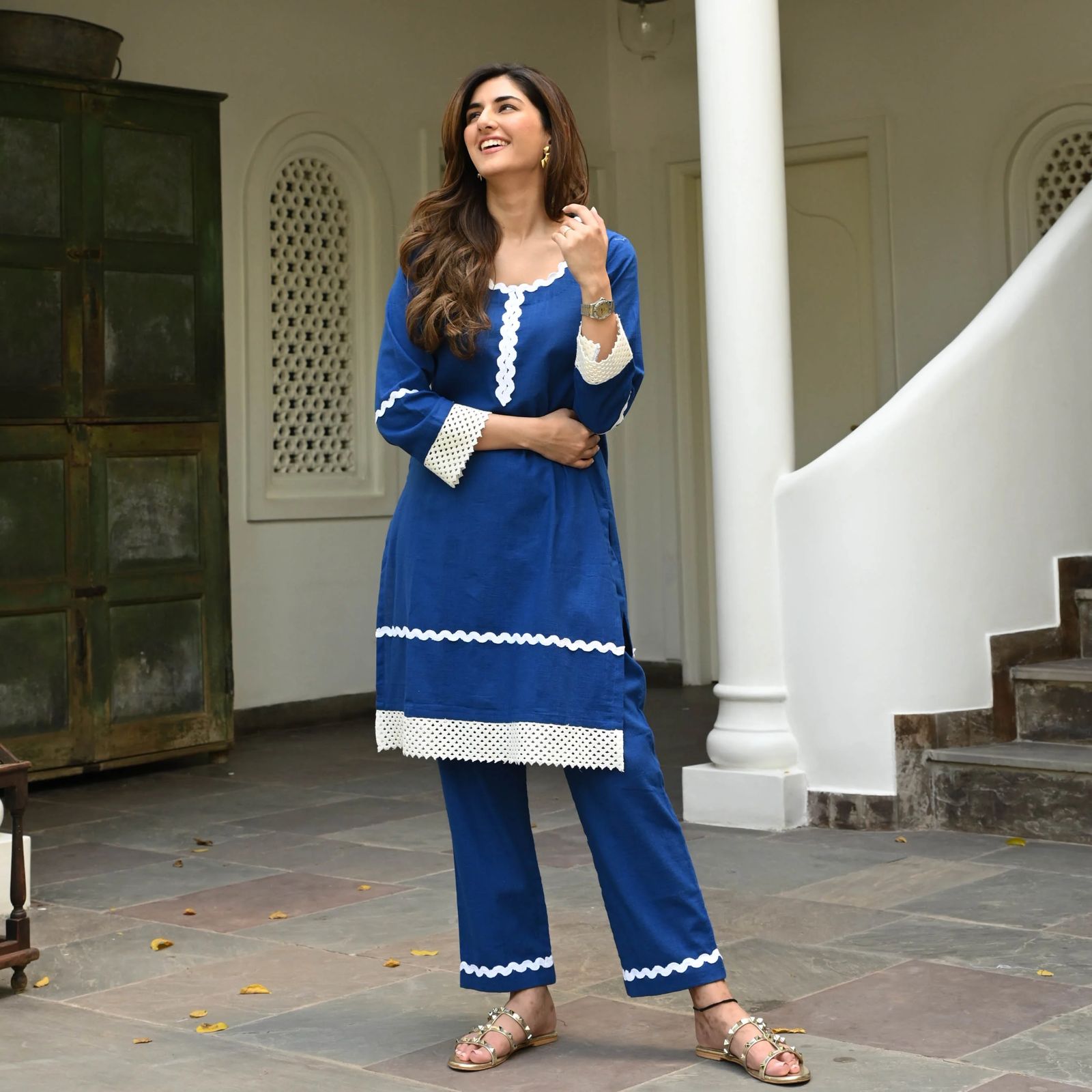 Cotton Enchant Blue Lace Kurta Set