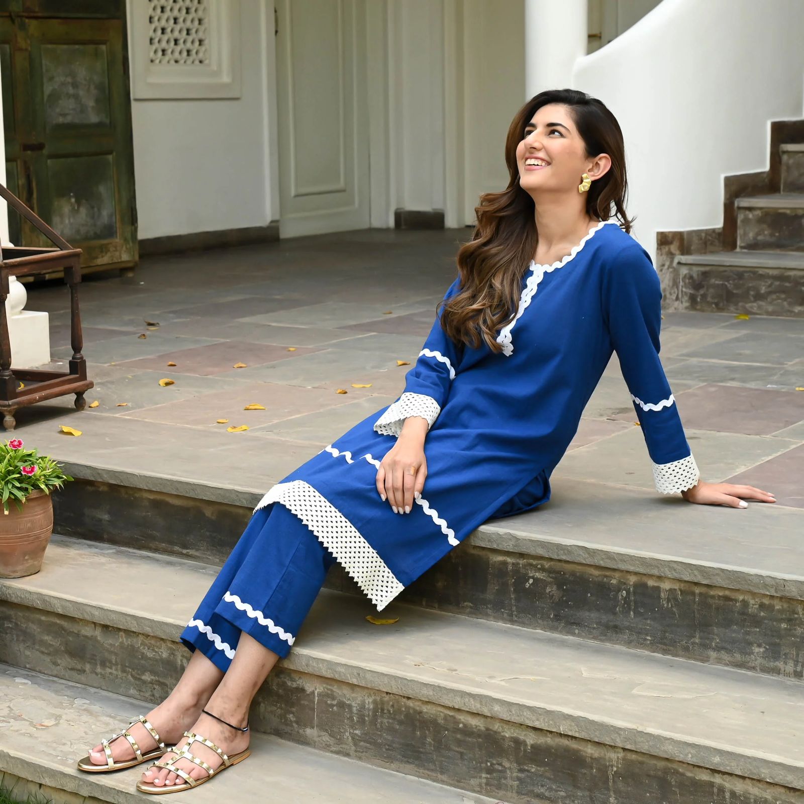 Cotton Enchant Blue Lace Kurta Set