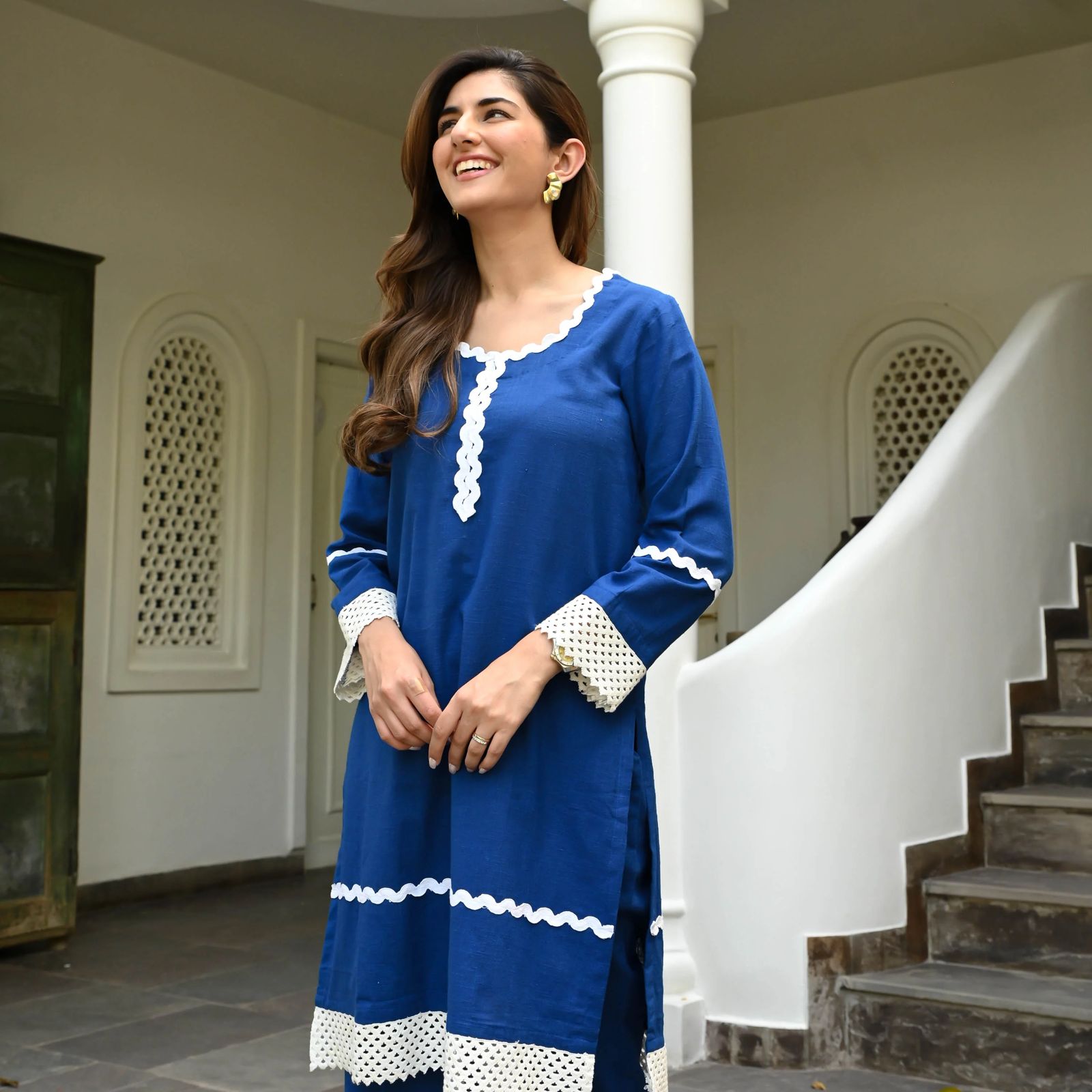 Cotton Enchant Blue Lace Kurta Set