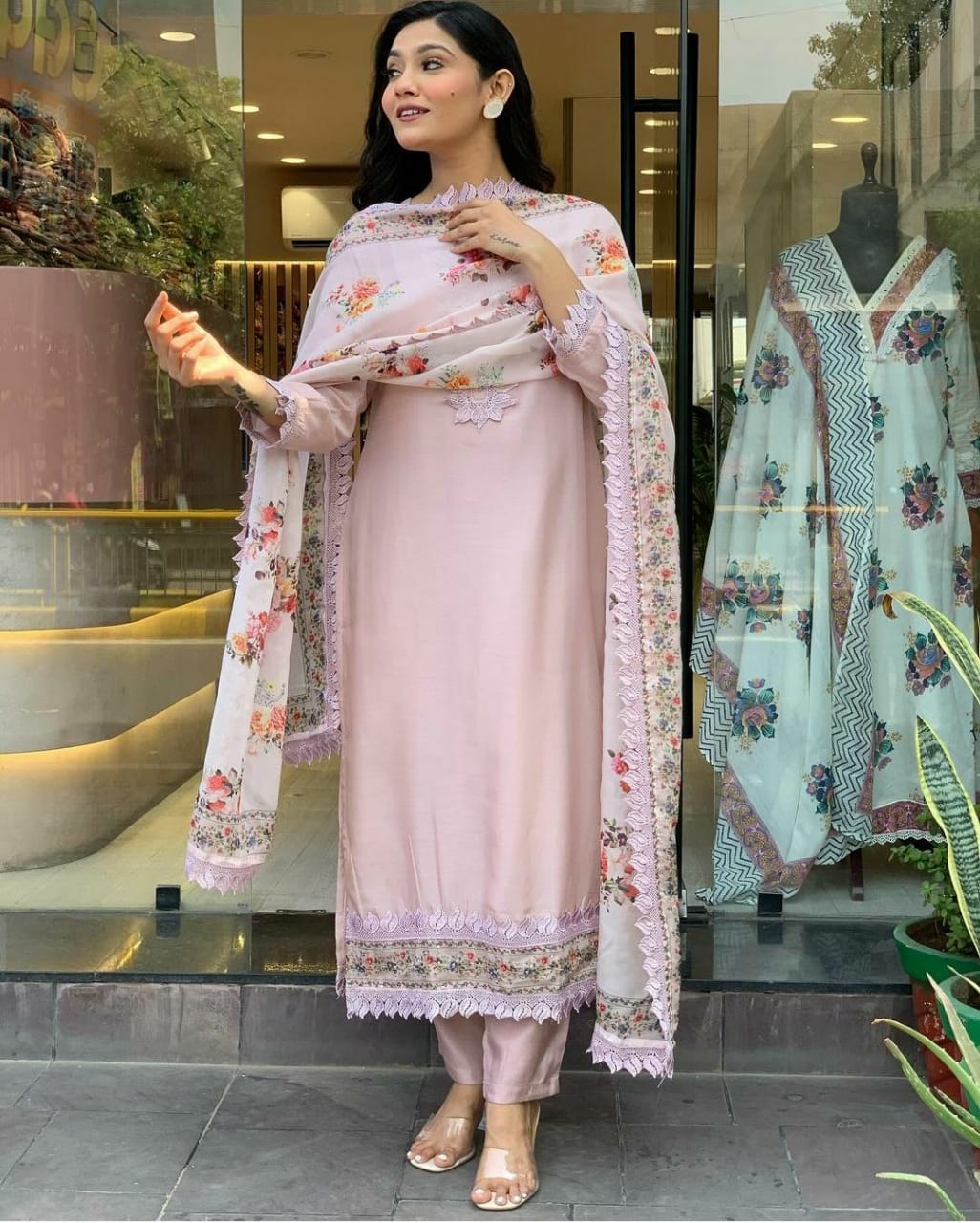 Pastel Pink Embroidered Salwar Suit with Floral Dupatta