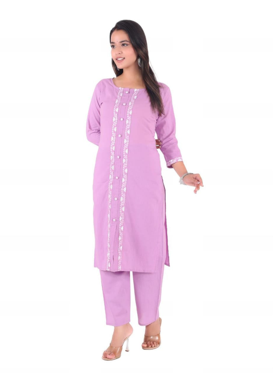 Lavender Embroidered Cotton Kurta with Palazzo Set