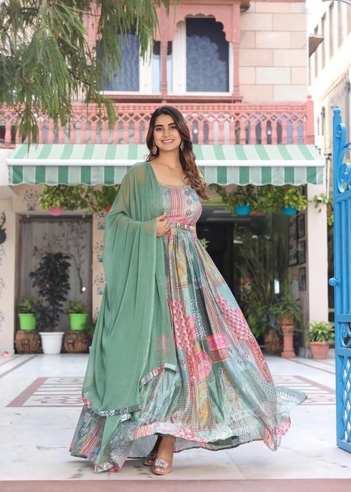 Printed Maxi with Artisan Belt & Flowing Dupatta