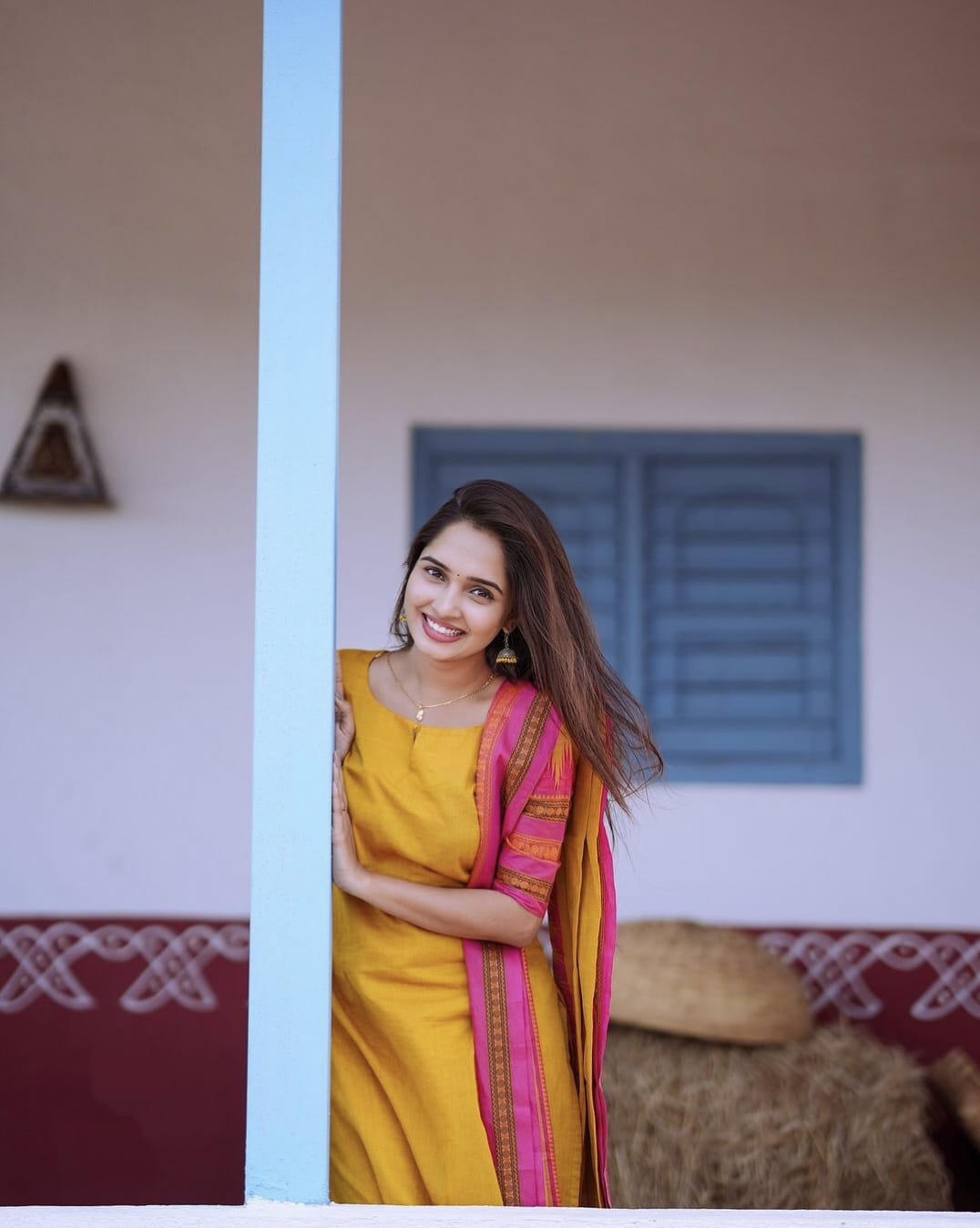 Yellow and pink Kanchi Cotton Kurti set with contrast dupatta