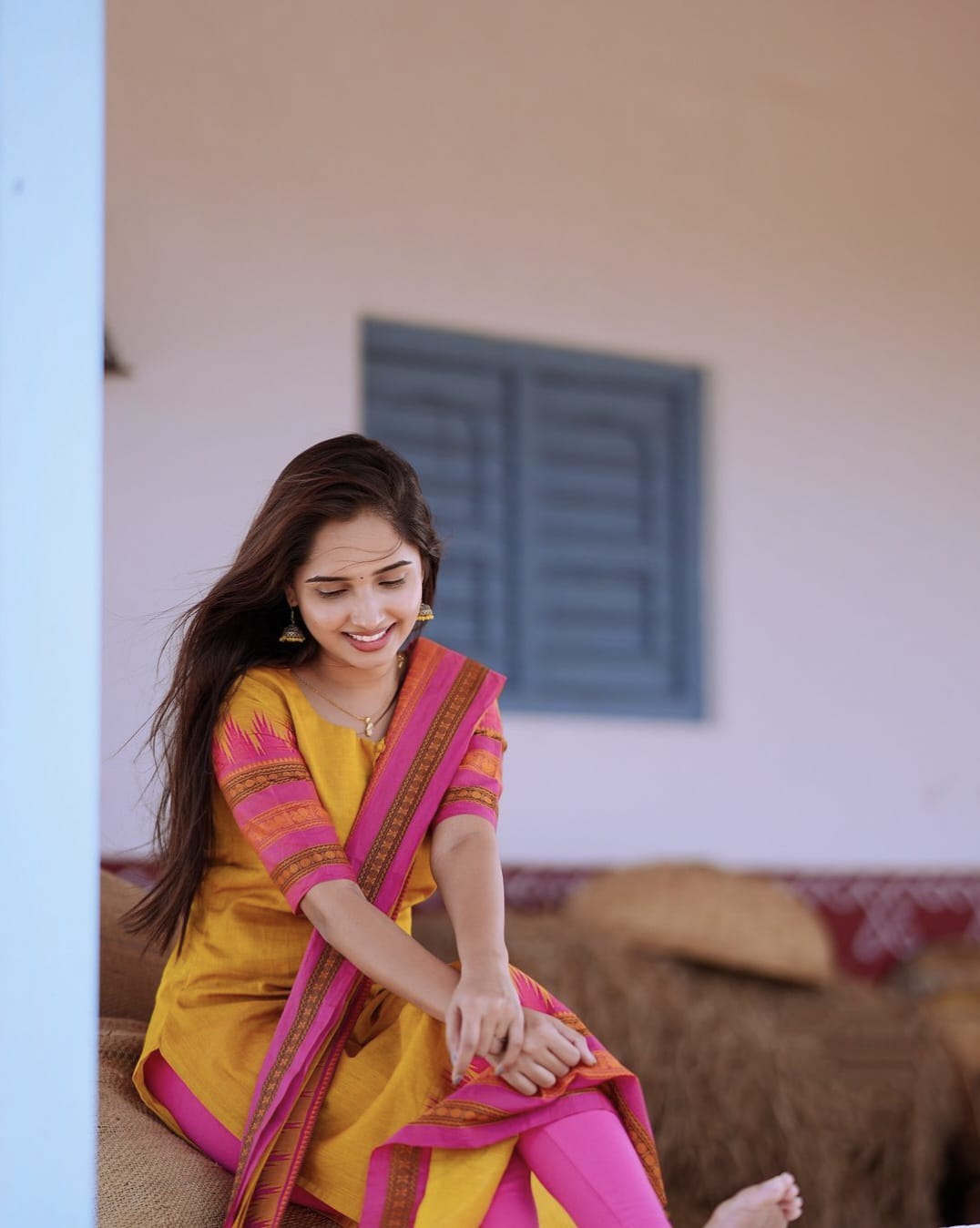 Yellow and pink Kanchi Cotton Kurti set with contrast dupatta