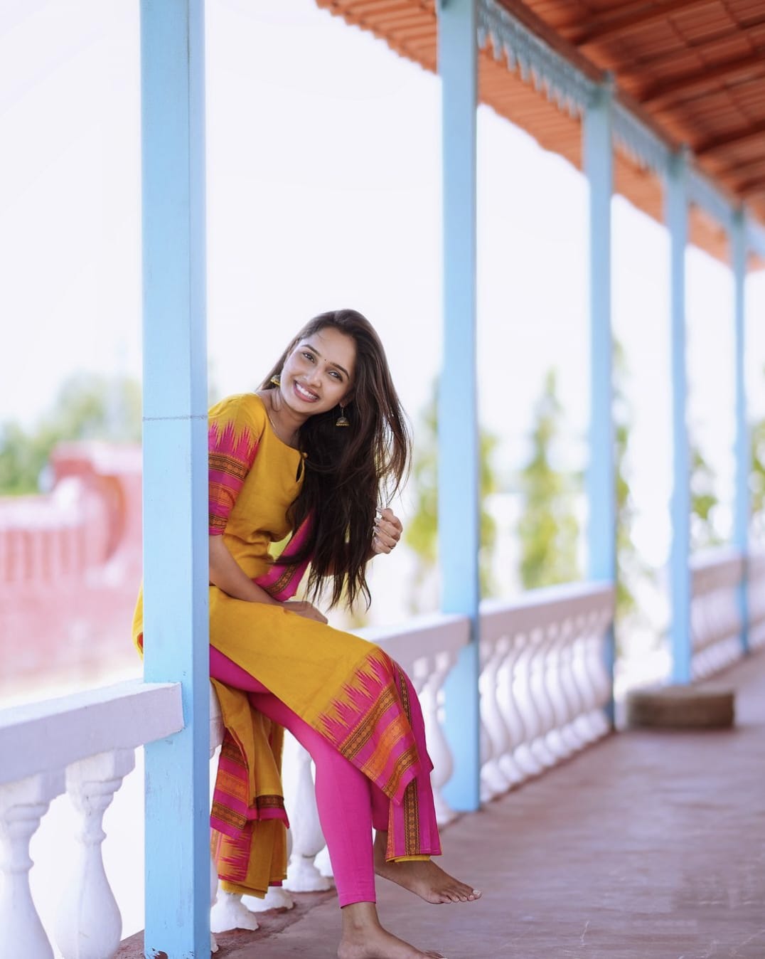 Yellow and pink Kanchi Cotton Kurti set with contrast dupatta