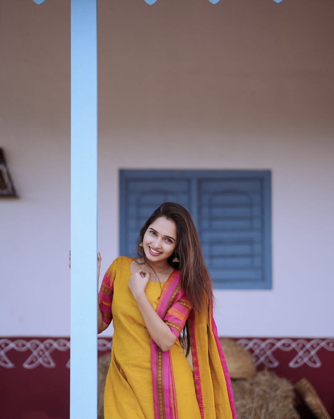 Yellow and pink Kanchi Cotton Kurti set with contrast dupatta