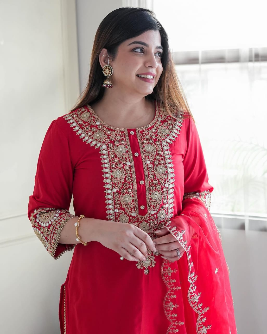 Red Silk Embroidered Kurta Set with Dupatta