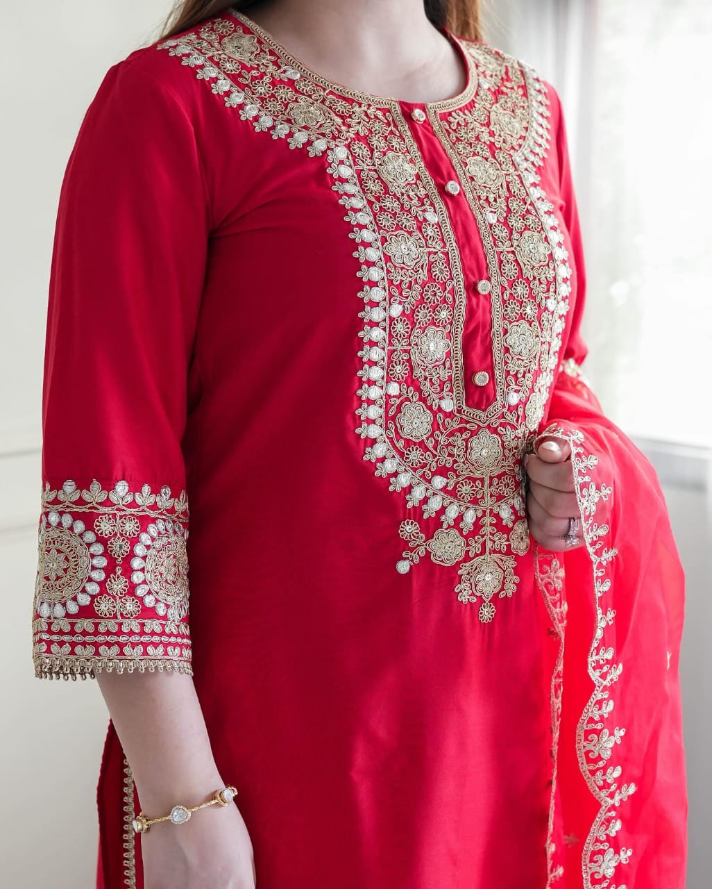 Red Silk Embroidered Kurta Set with Dupatta