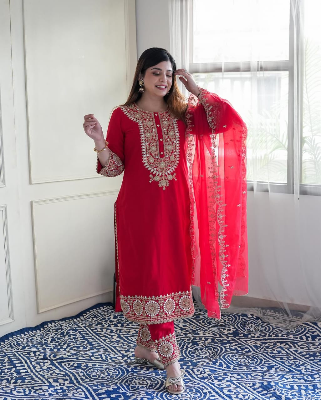 Red Silk Embroidered Kurta Set with Dupatta