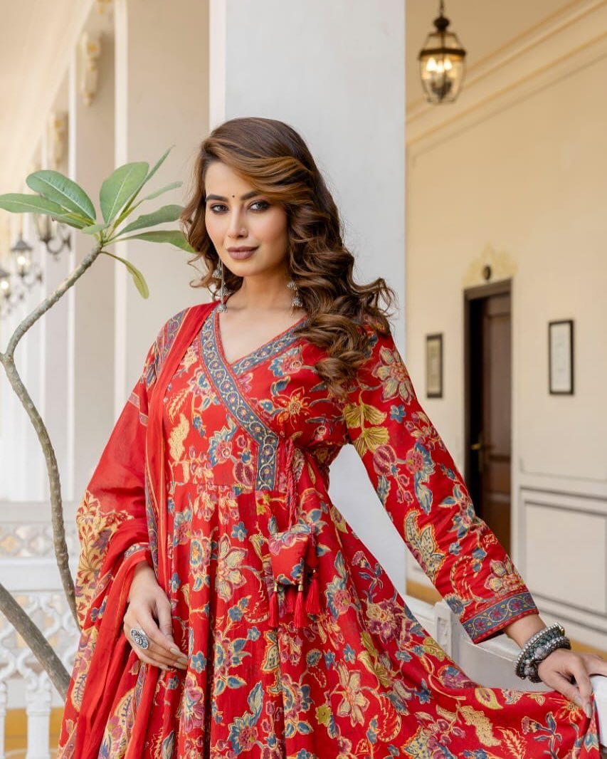 Red floral dress with intricate patterns and dupatta