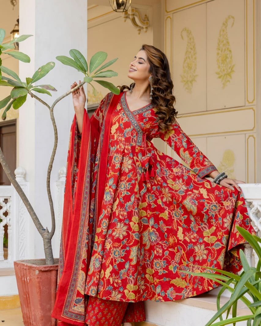 Red floral dress with intricate patterns and dupatta