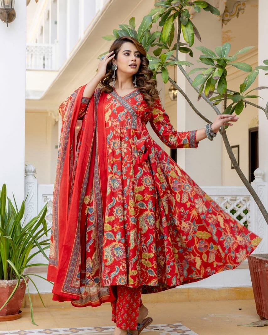 Red floral dress with intricate patterns and dupatta