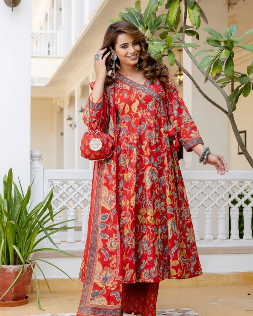 Red floral dress with intricate patterns and dupatta