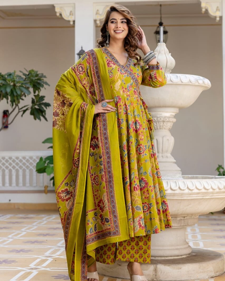 Lime green floral ethnic dress with intricate patterns and dupatta