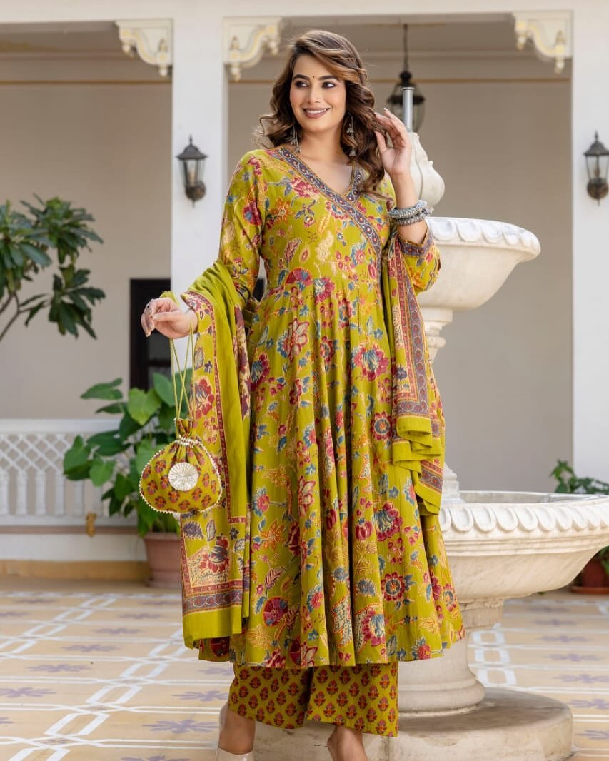 Lime green floral ethnic dress with intricate patterns and dupatta