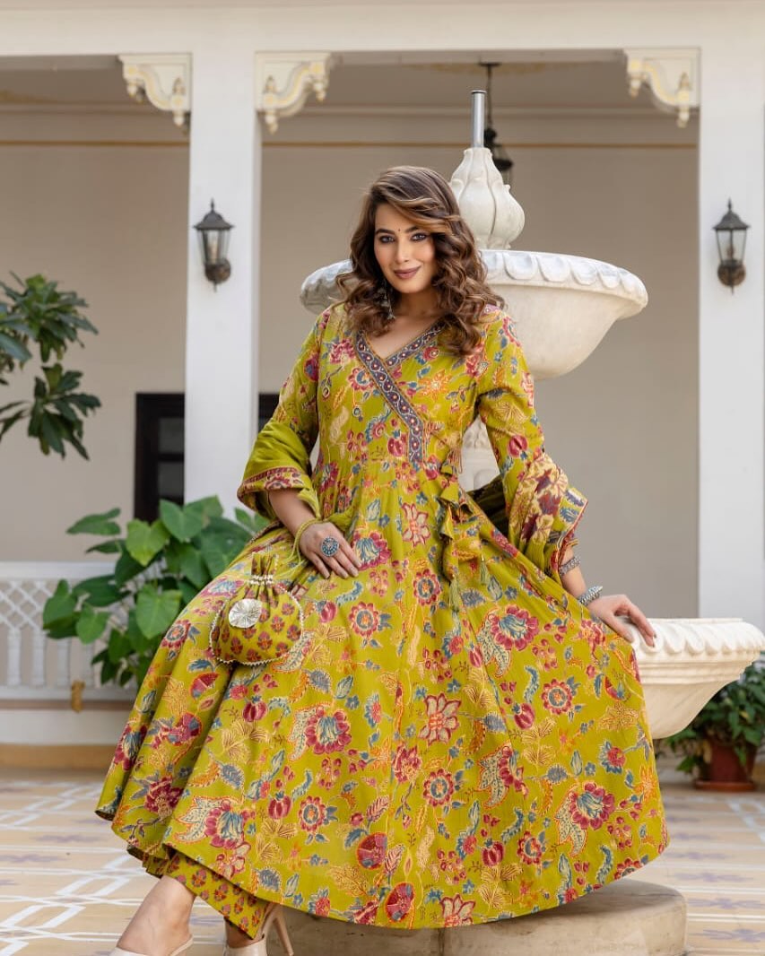 Lime green floral ethnic dress with intricate patterns and dupatta