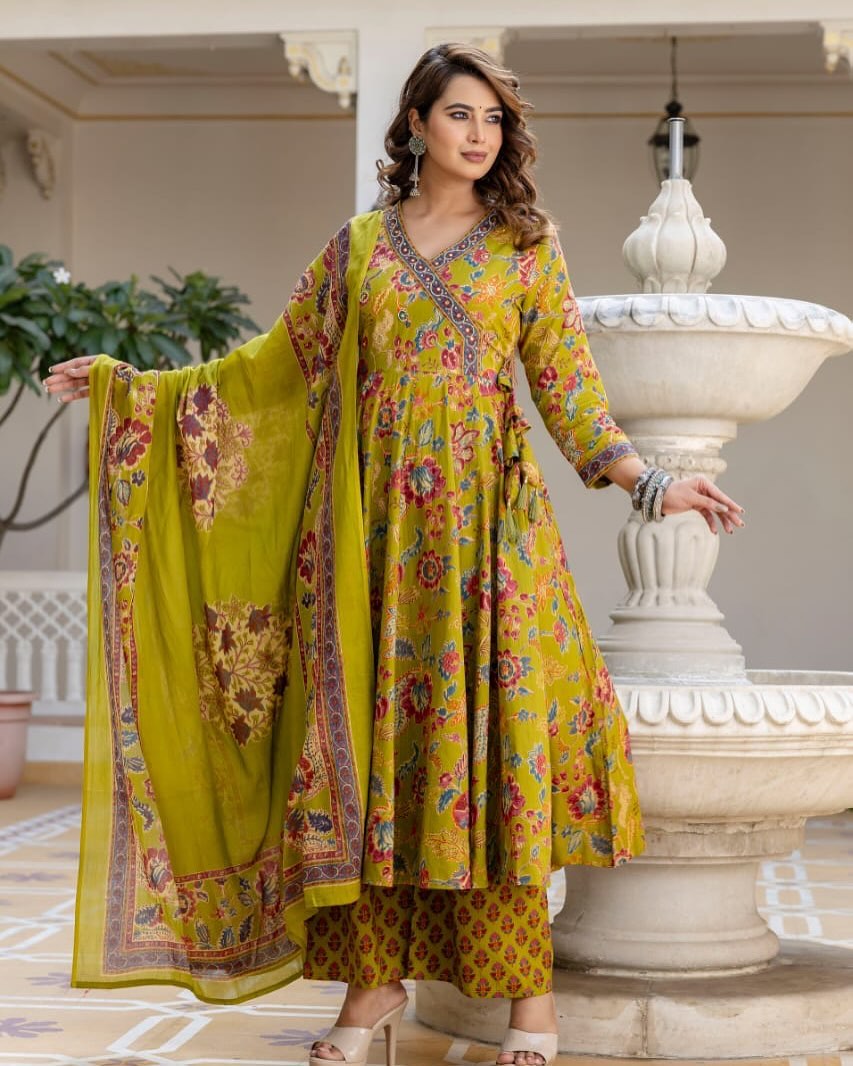 Lime green floral ethnic dress with intricate patterns and dupatta