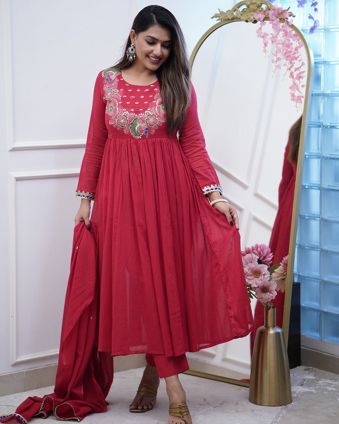 Red Embroidered Cotton Anarkali Kurta Set with Dupatta