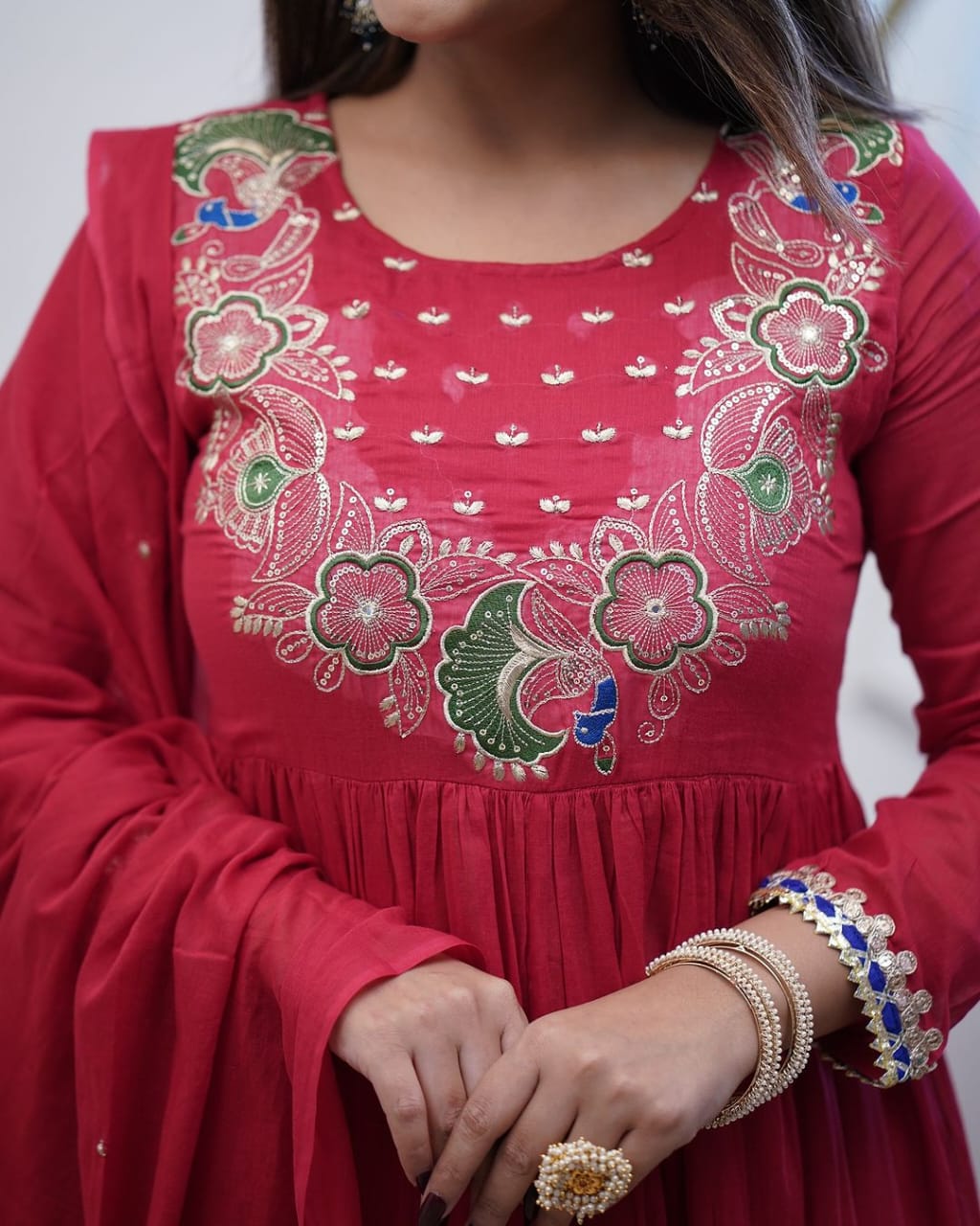 Red Embroidered Cotton Anarkali Kurta Set with Dupatta