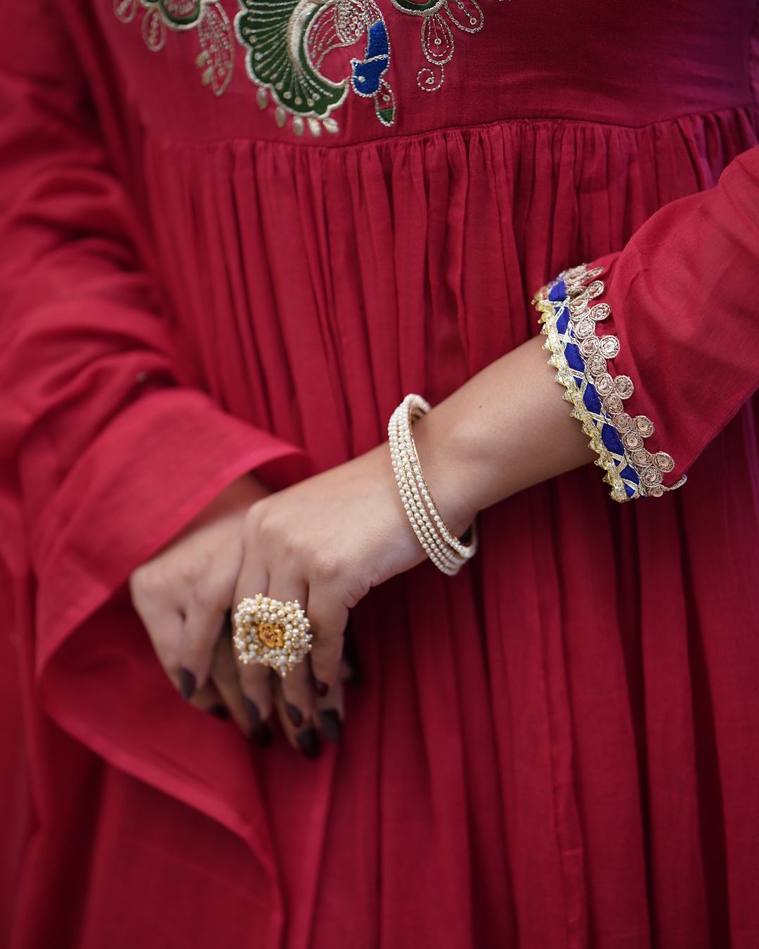 Red Embroidered Cotton Anarkali Kurta Set with Dupatta