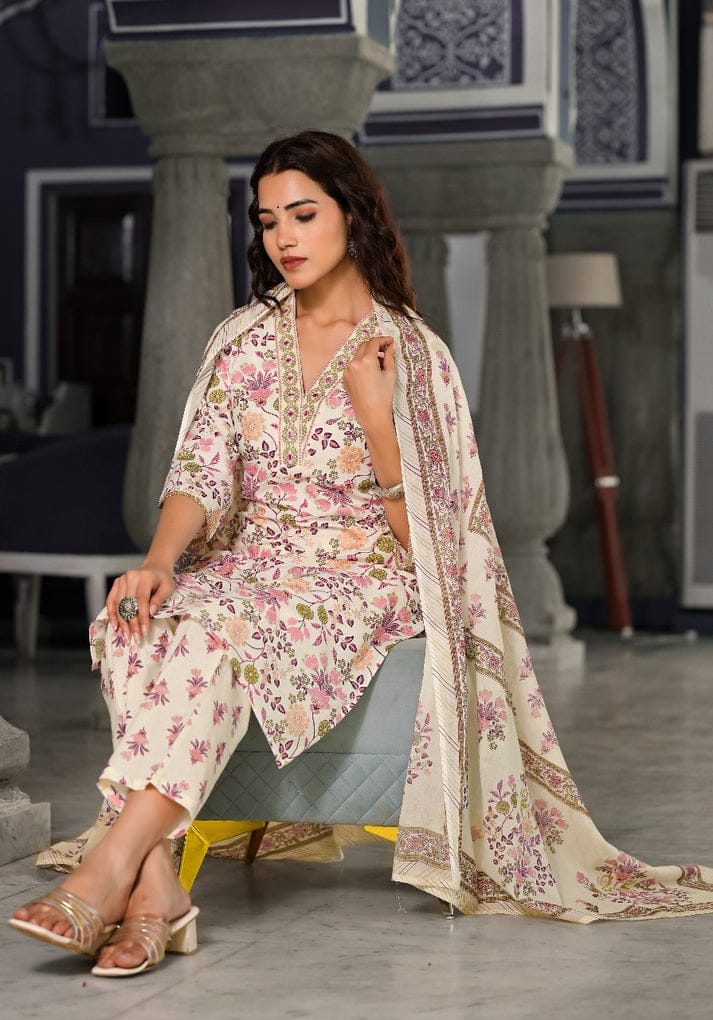 Floral Printed Cotton Salwar Suit with Dupatta - Cream and Pink