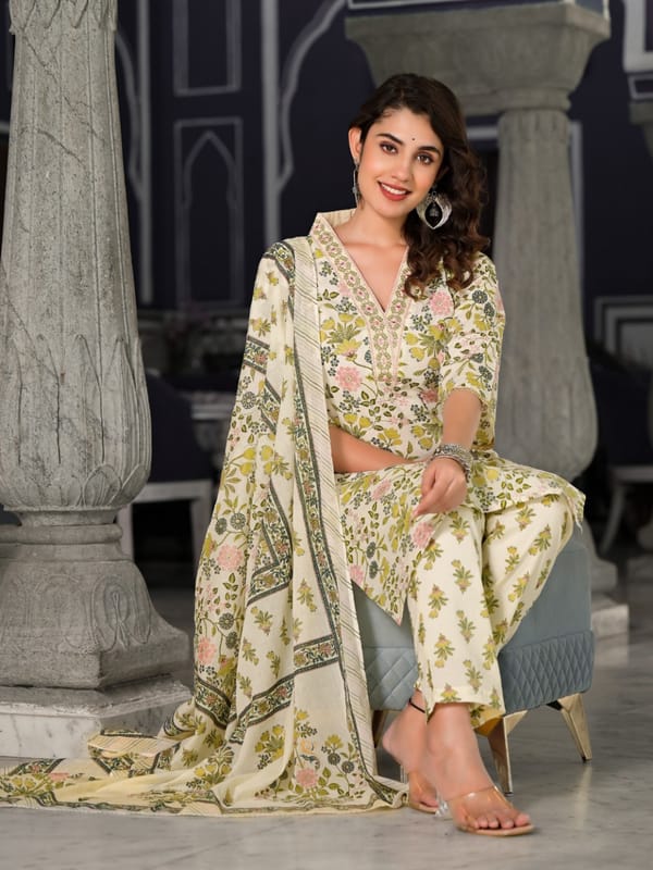 Floral Printed Cotton Salwar Suit with Dupatta - Cream and Green