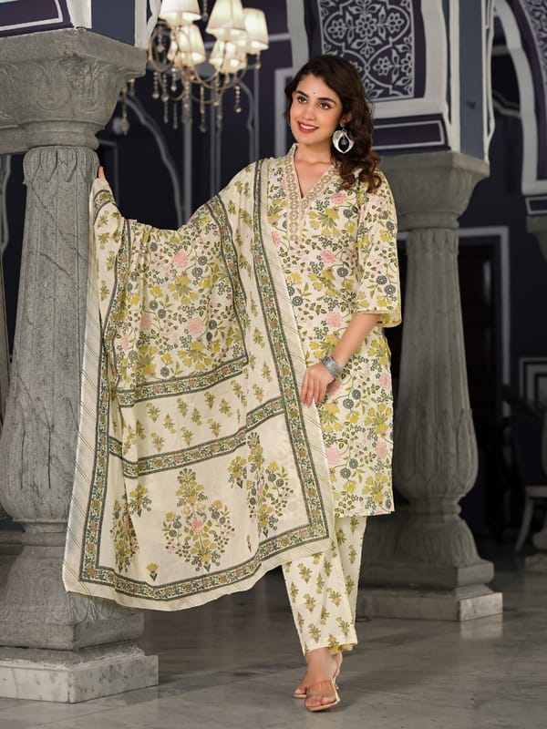 Floral Printed Cotton Salwar Suit with Dupatta - Cream and Green