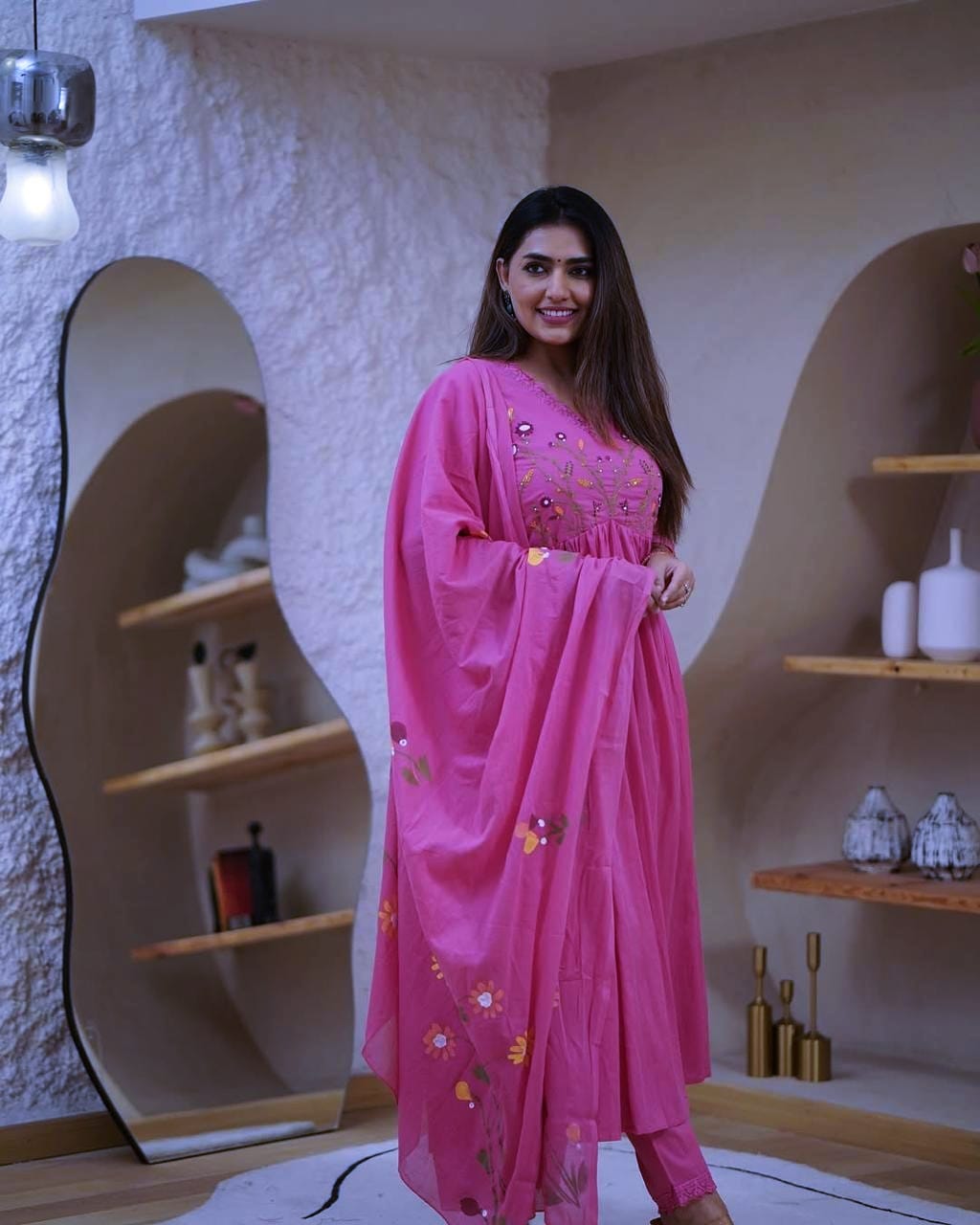 Pink Elegant Embroidered Kurta Set with Floral Dupatta