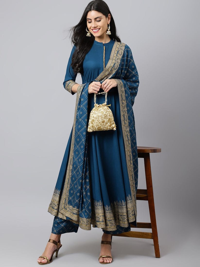 Teal Blue Anarkali Suit Set with Gold Detailing and Dupatta