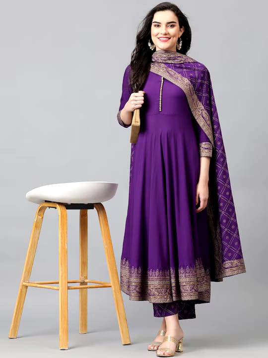 Purple Anarkali Suit Set with Gold Detailing and Dupatta