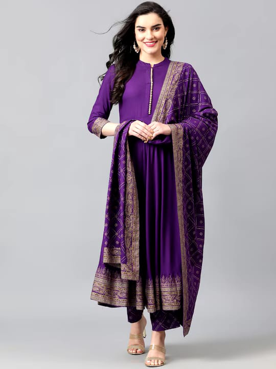 Purple Anarkali Suit Set with Gold Detailing and Dupatta