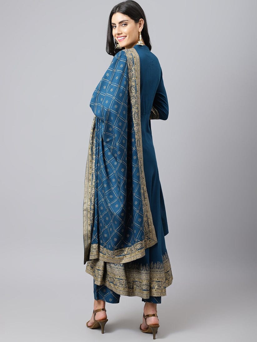 Teal Blue Anarkali Suit Set with Gold Detailing and Dupatta