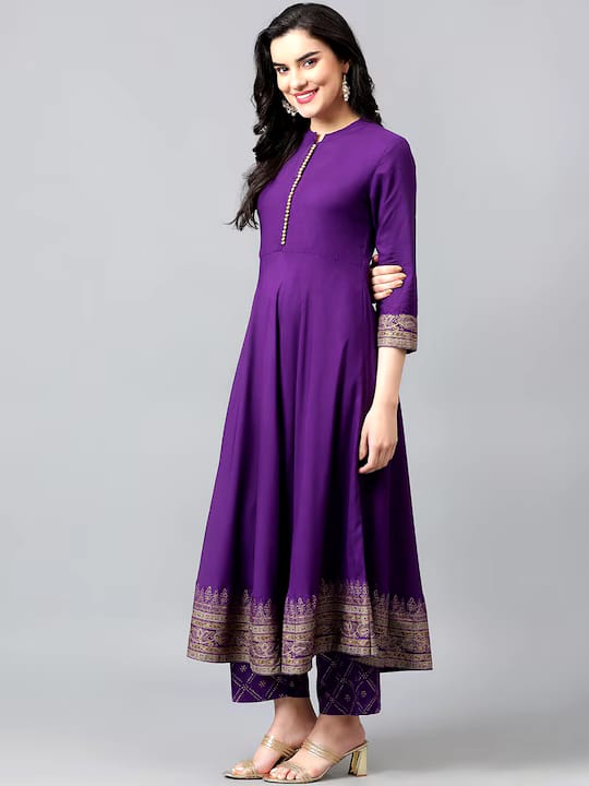 Purple Anarkali Suit Set with Gold Detailing and Dupatta