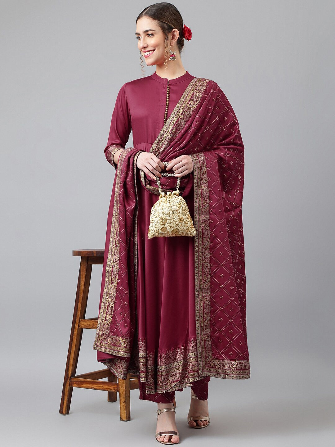 Maroon Anarkali Suit Set with Gold Detailing and Dupatta