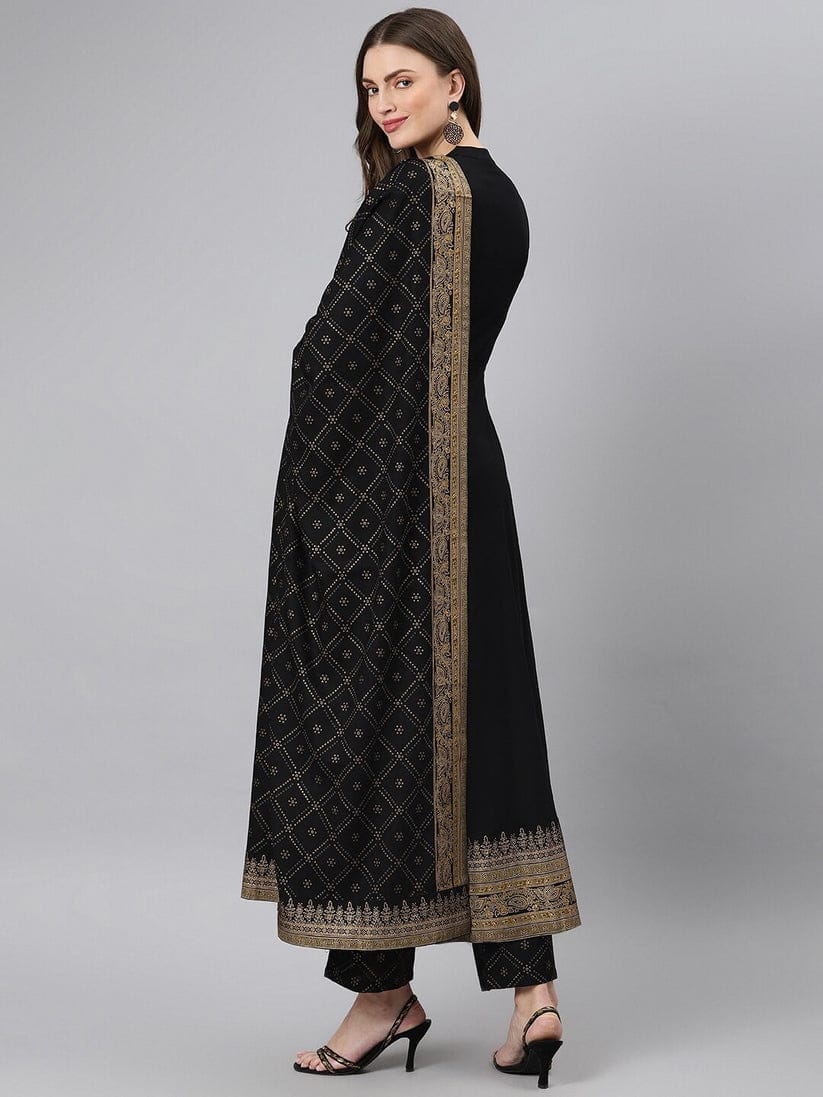 Black Anarkali Suit Set with Gold Detailing and Dupatta