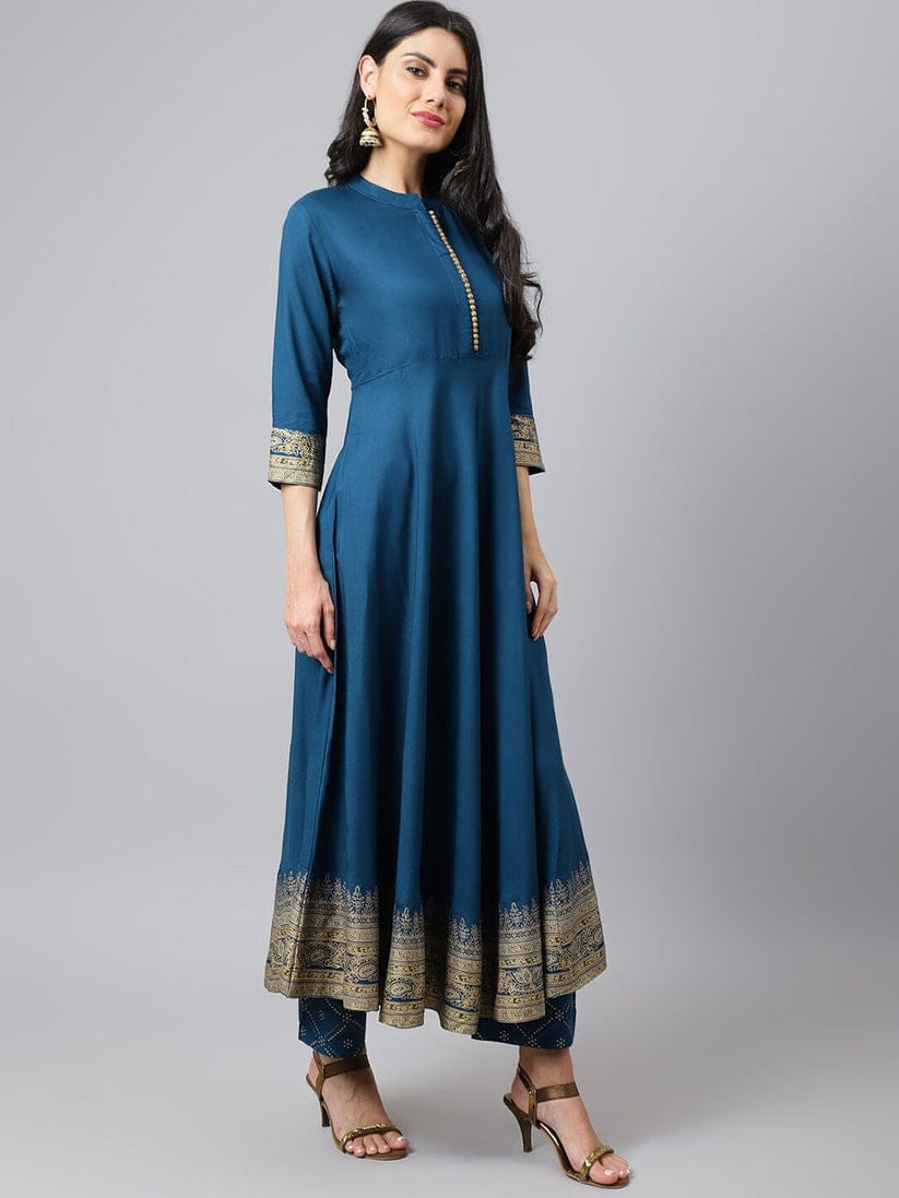 Teal Blue Anarkali Suit Set with Gold Detailing and Dupatta