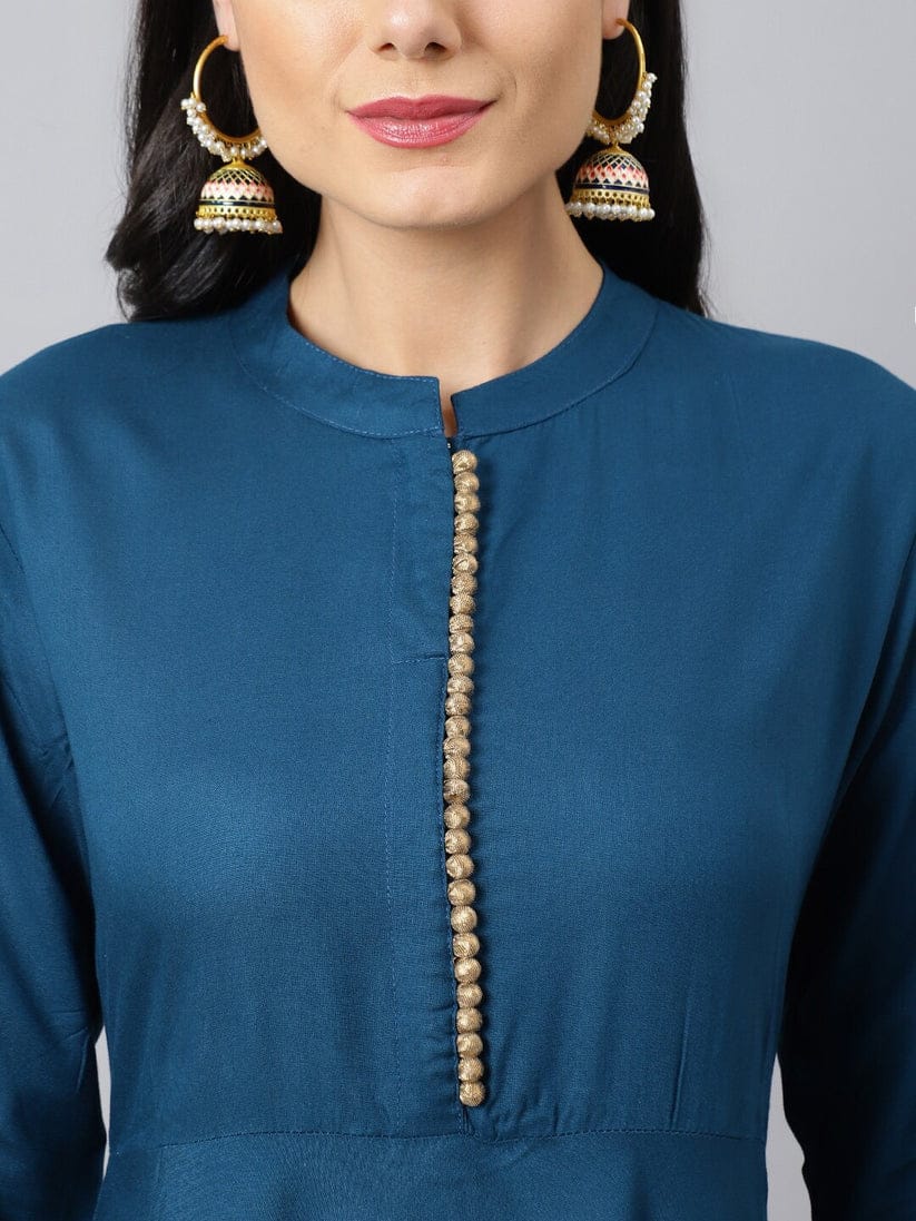 Teal Blue Anarkali Suit Set with Gold Detailing and Dupatta