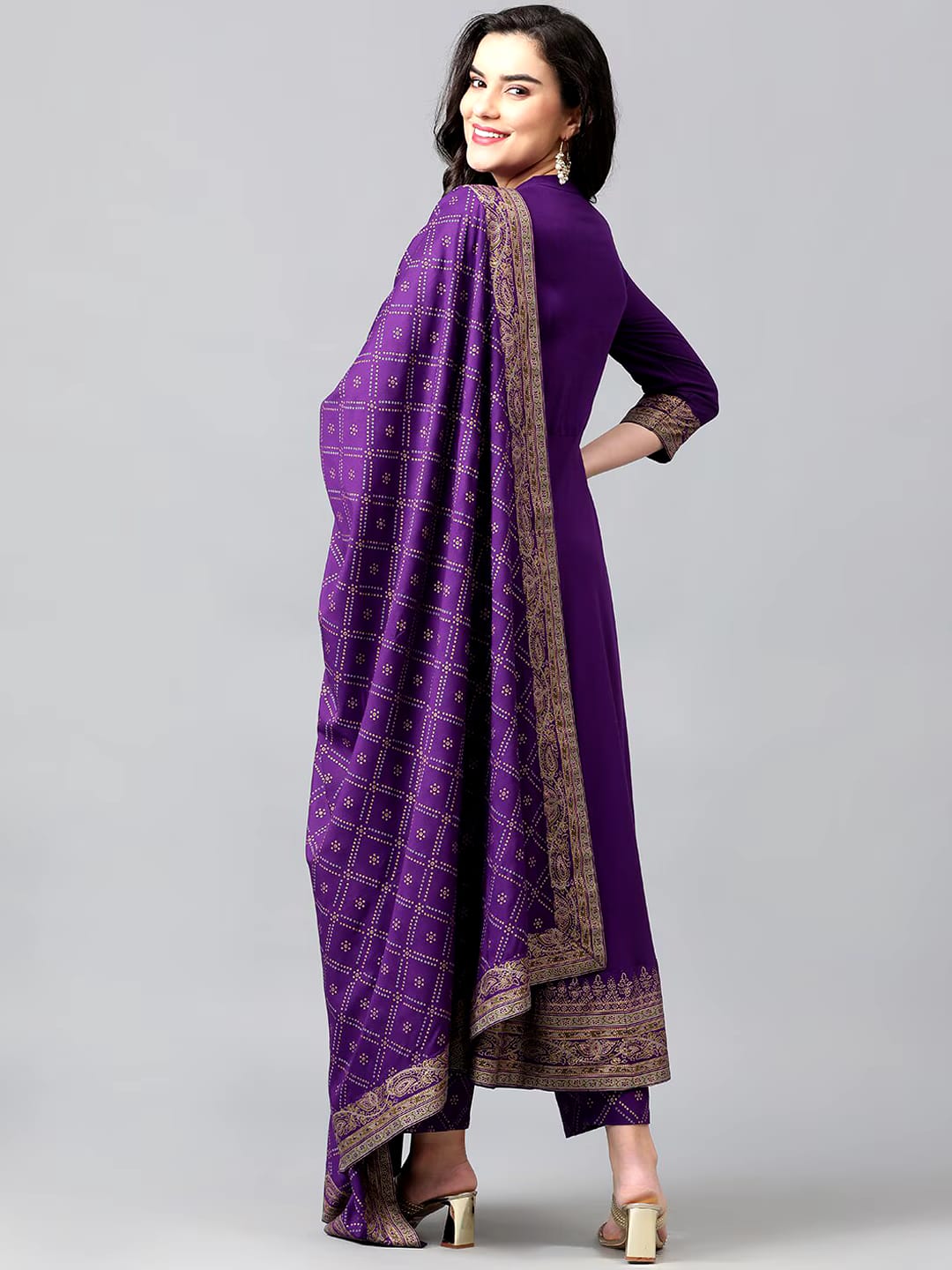 Purple Anarkali Suit Set with Gold Detailing and Dupatta