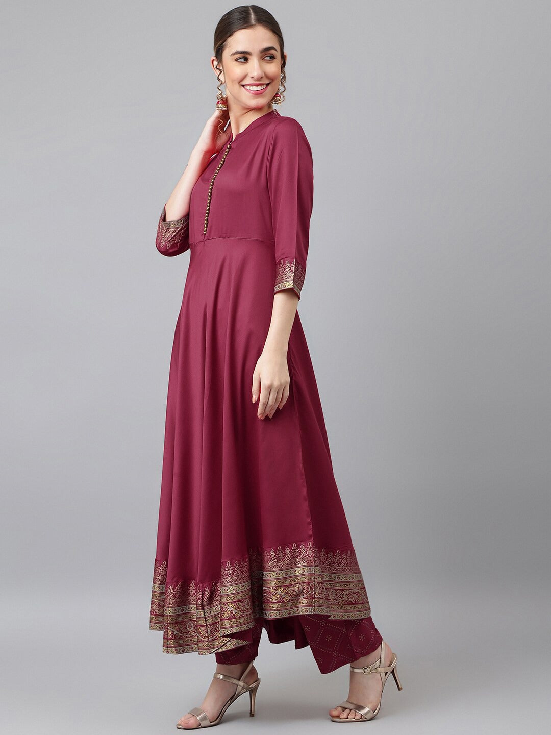 Maroon Anarkali Suit Set with Gold Detailing and Dupatta